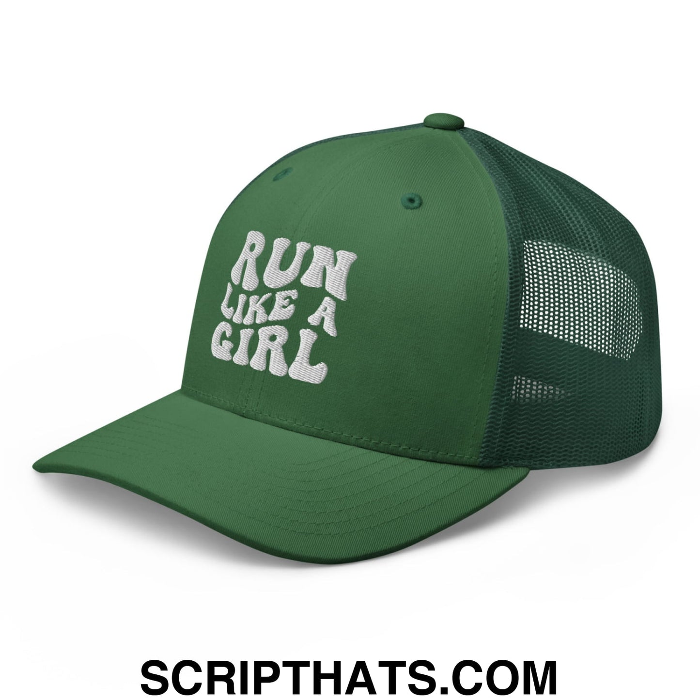 Run Like a Girl Embroidered Mesh Trucker Hat Evergreen