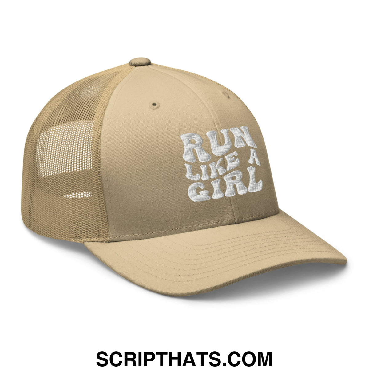 Beige mesh trucker hat with white embroidered run like a girl text on the front panel