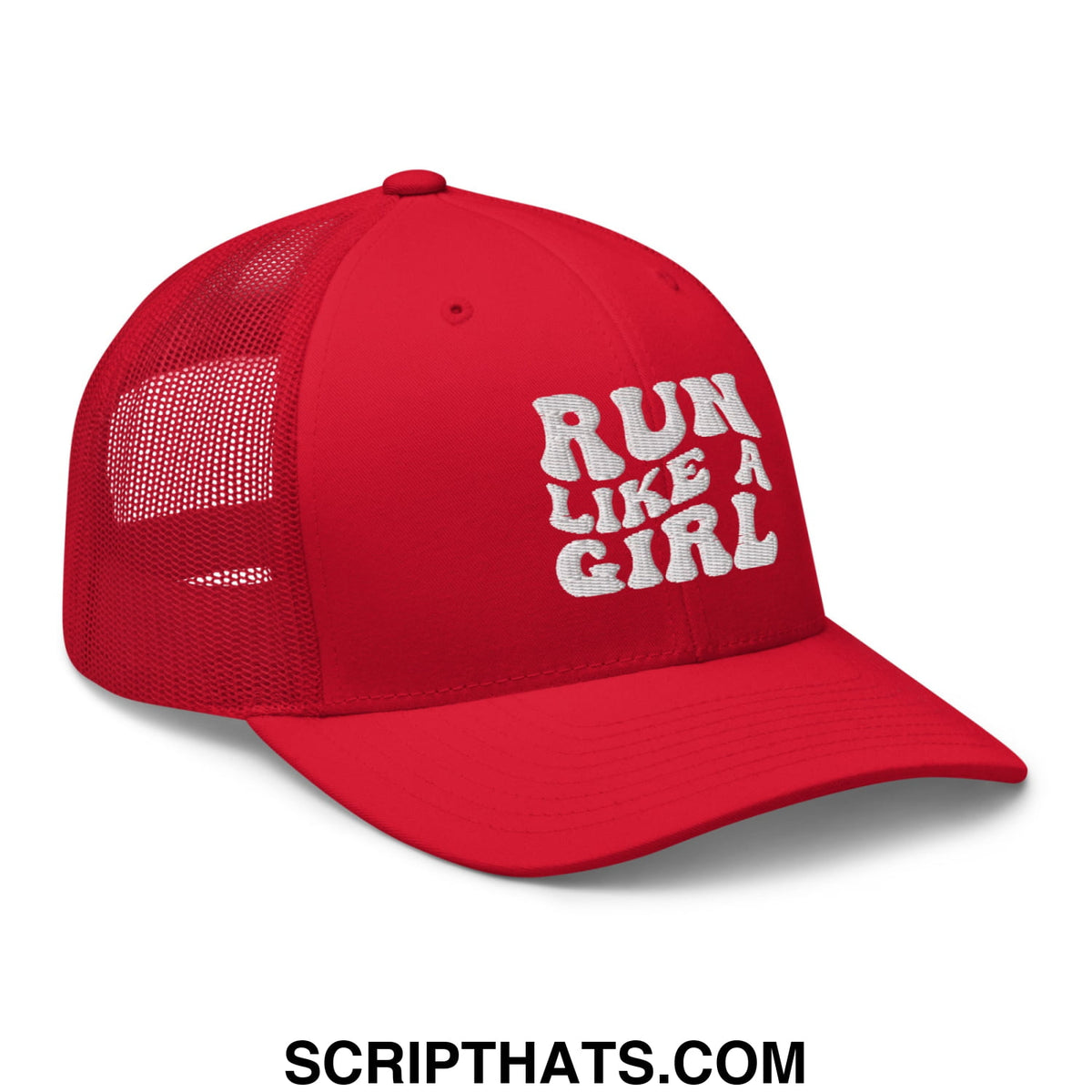Red mesh trucker hat with white embroidered run like a girl text on the front for casual wear