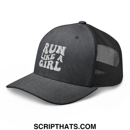 Black mesh trucker hat with white embroidered run like a girl text on the front panel
