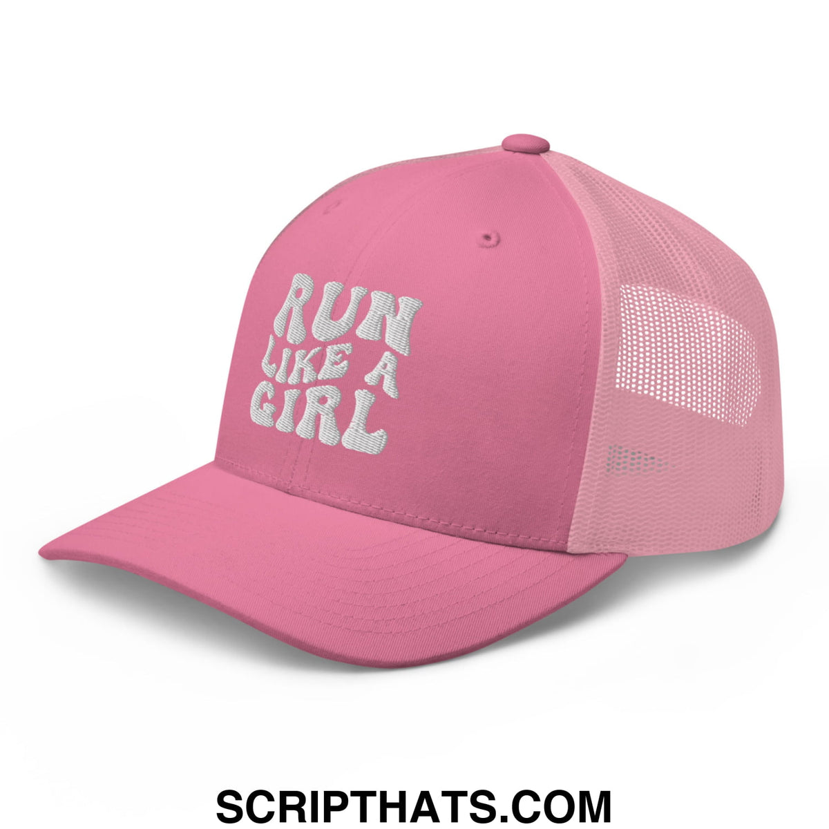 Pink mesh trucker hat with white embroidered run like a girl text on the front for casual wear