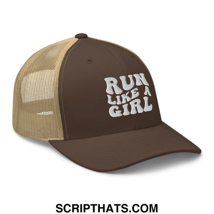 Brown and tan mesh trucker hat with white embroidered run like a girl text on front panel