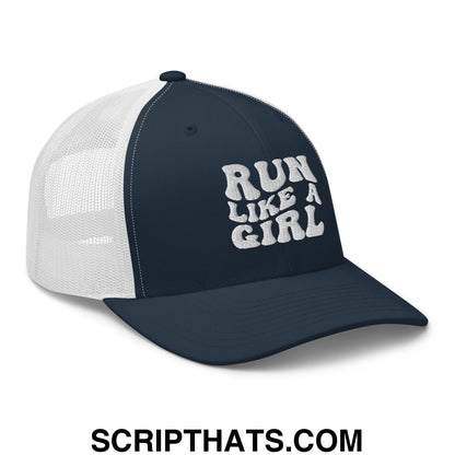 Run Like a Girl Embroidered Mesh Trucker Hat Navy White