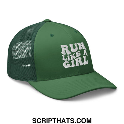 Dark green mesh trucker hat with white embroidered run like a girl text on the front panel
