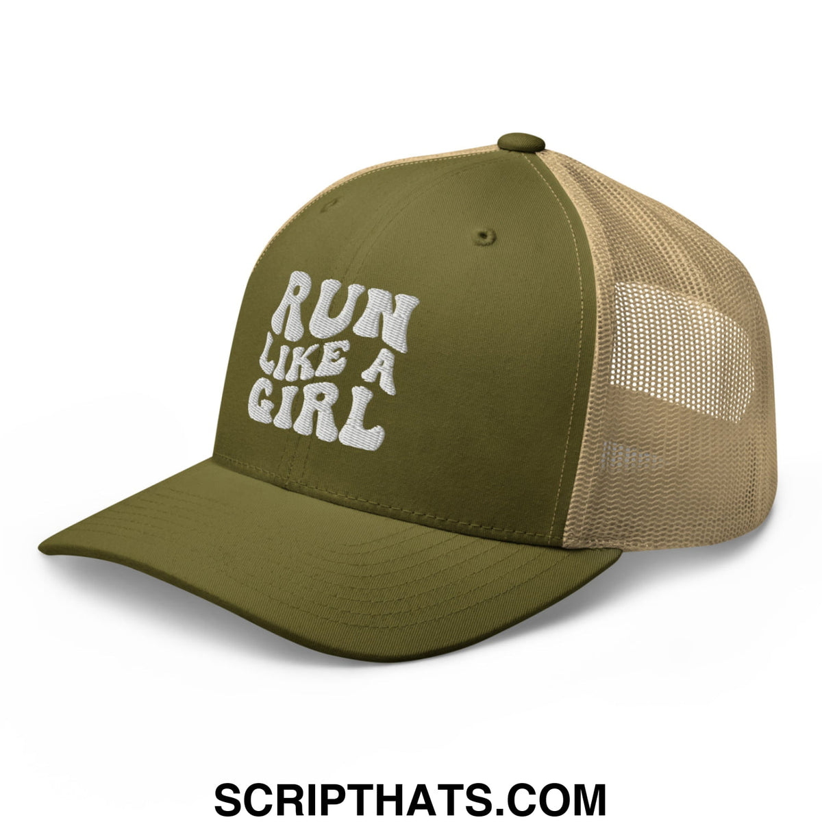 Olive green and tan mesh trucker hat with white embroidered run like a girl text on the front panel