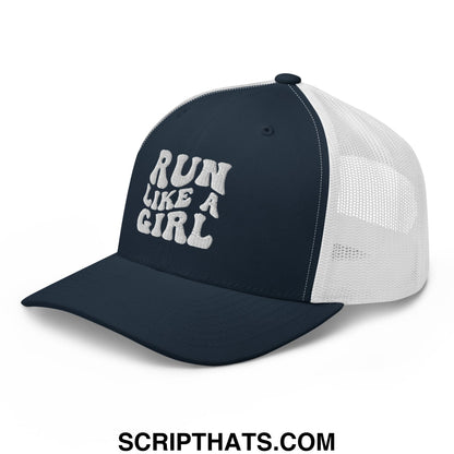 Navy blue and white mesh trucker hat with run like a girl embroidered in bold silver thread on front panel