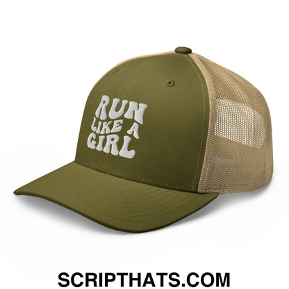 Run Like a Girl Embroidered Mesh Trucker Hat Moss Khaki