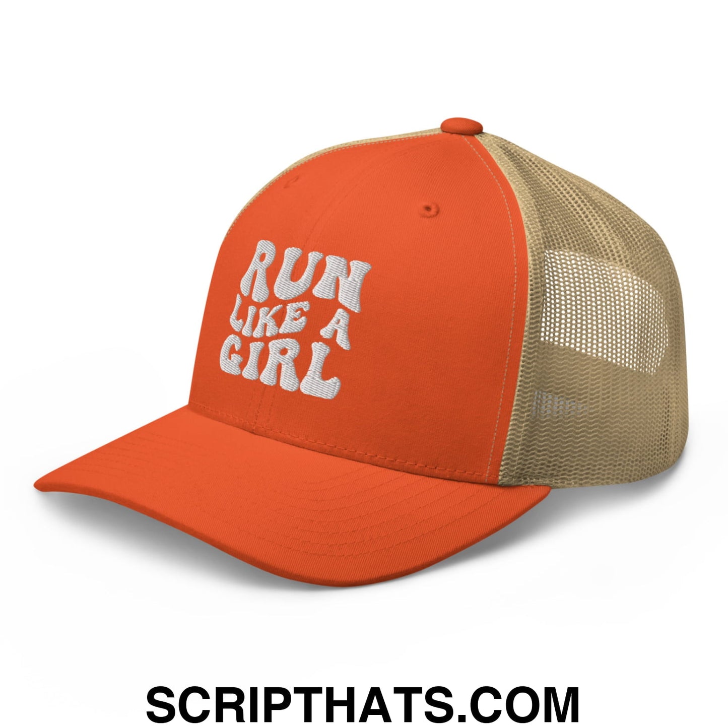 Run Like a Girl Embroidered Mesh Trucker Hat Rustic Orange Khaki