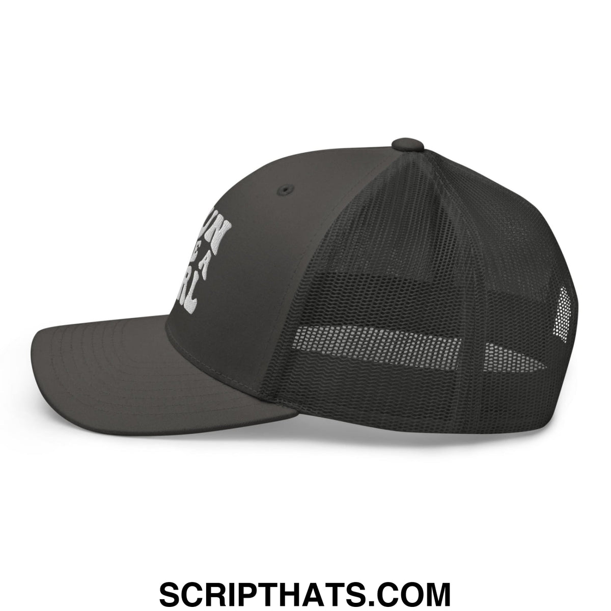 Dark gray run like a girl embroidered mesh trucker hat with white text on front and breathable mesh back