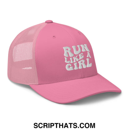 Pink mesh trucker hat with white embroidered run like a girl text on the front panel for casual wear