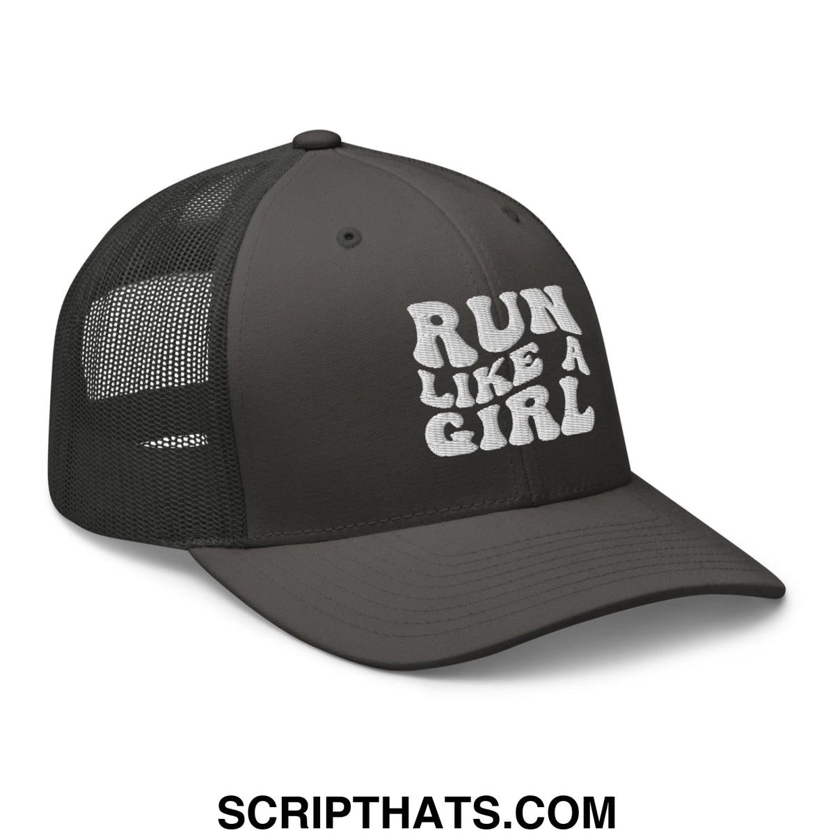 Black mesh trucker hat with white embroidered run like a girl text on the front for active wear
