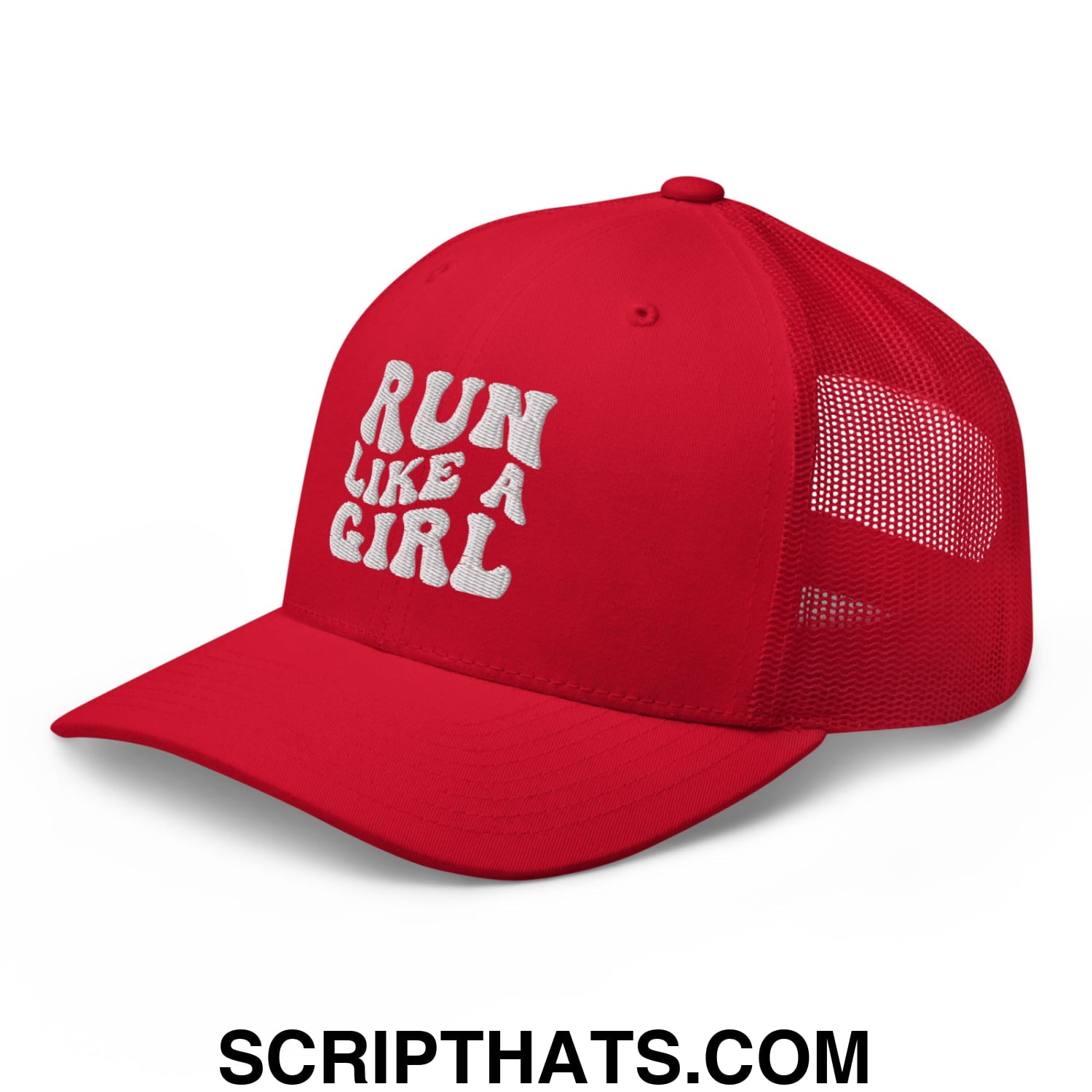 Run Like a Girl Embroidered Mesh Trucker Hat Red