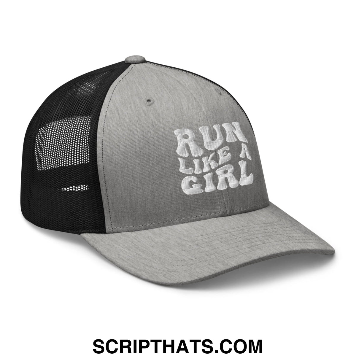 Gray and black mesh trucker hat with run like a girl embroidered in white on the front panel