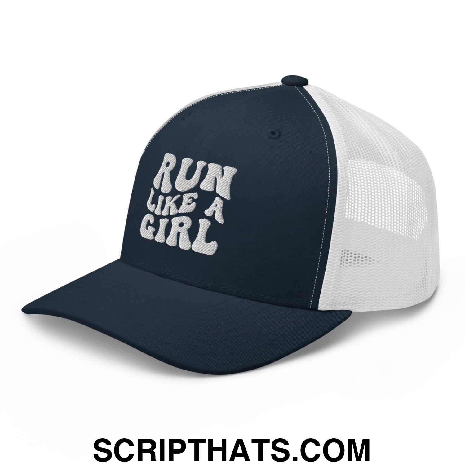 Run Like a Girl Embroidered Mesh Trucker Hat Navy White