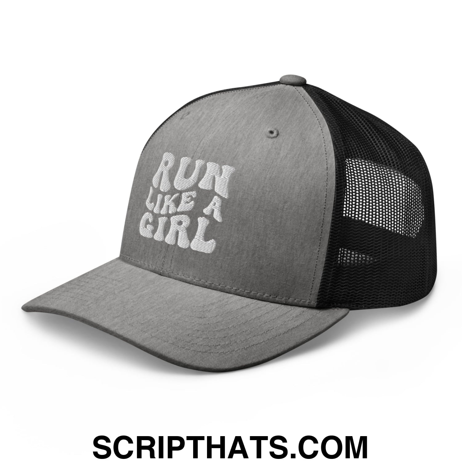 Run Like a Girl Embroidered Mesh Trucker Hat Heather Black