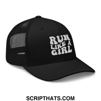 Black mesh trucker hat with white embroidered run like a girl text on the front panel for casual wear