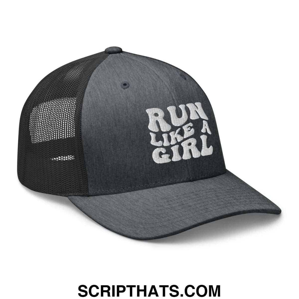 Black mesh trucker hat with white embroidered run like a girl text on the front panel