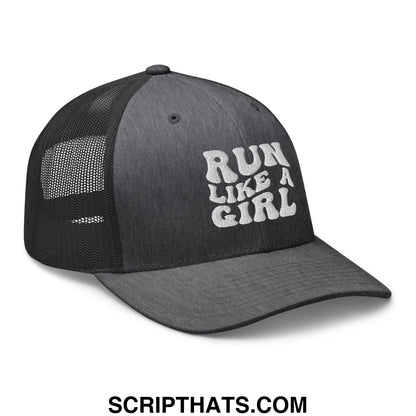 Black mesh trucker hat with white embroidered run like a girl text on the front panel