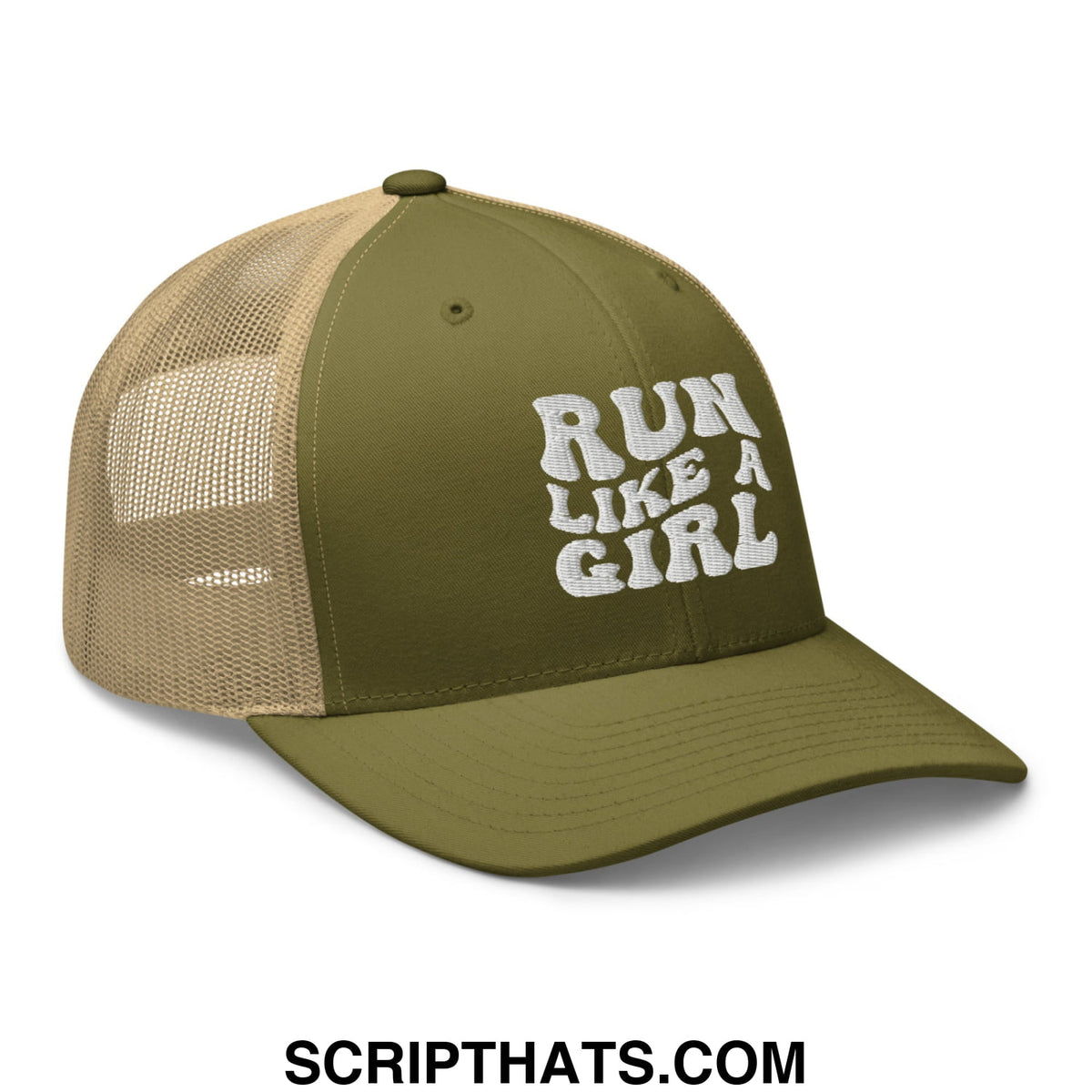 Olive green and tan mesh trucker hat with white embroidered run like a girl text on the front panel