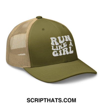 Olive green and tan mesh trucker hat with white embroidered run like a girl text on the front panel