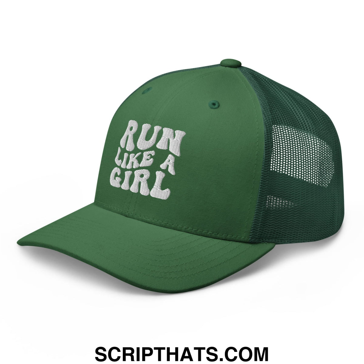 Green mesh trucker hat with white embroidered run like a girl text on the front panel