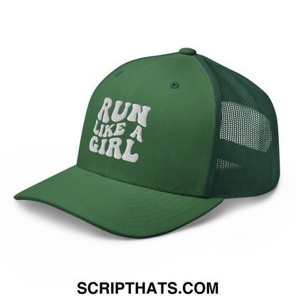 Green mesh trucker hat with white embroidered run like a girl text on the front panel
