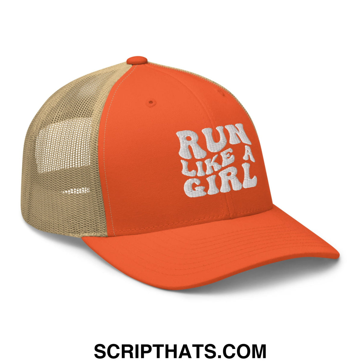 Orange and tan mesh trucker hat with white embroidered run like a girl text in a casual sporty style