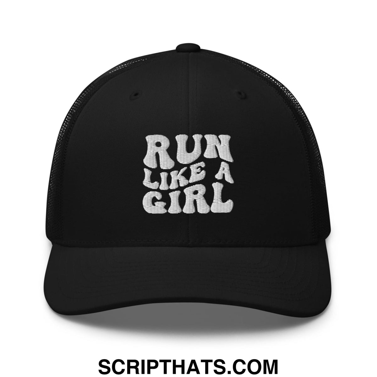 Black mesh trucker hat with white embroidered run like a girl text on the front panel