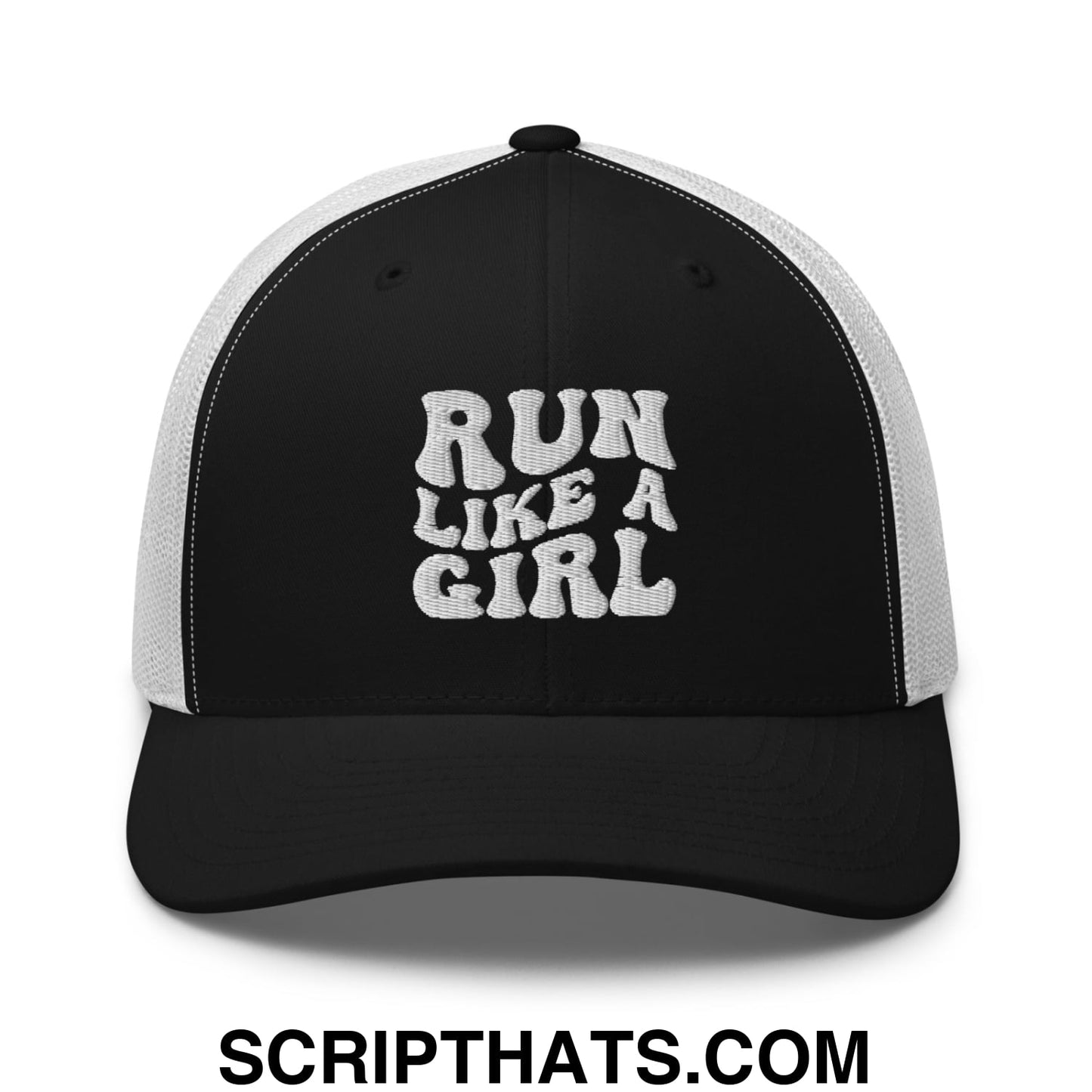 Run Like a Girl Embroidered Mesh Trucker Hat Black White