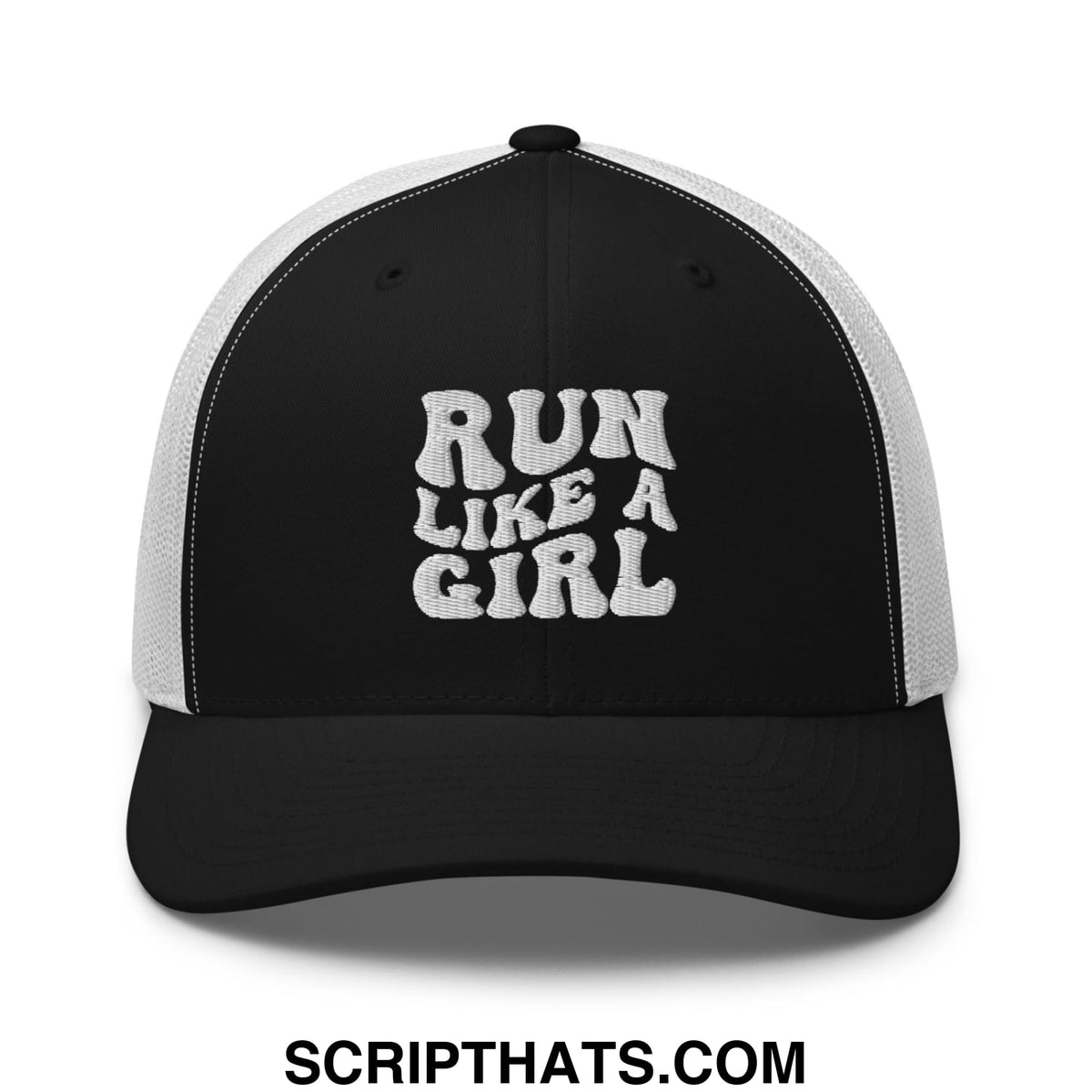 Black and white mesh trucker hat with embroidered run like a girl text in bold stylized font