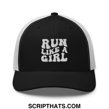 Black and white mesh trucker hat with embroidered run like a girl text in bold stylized font