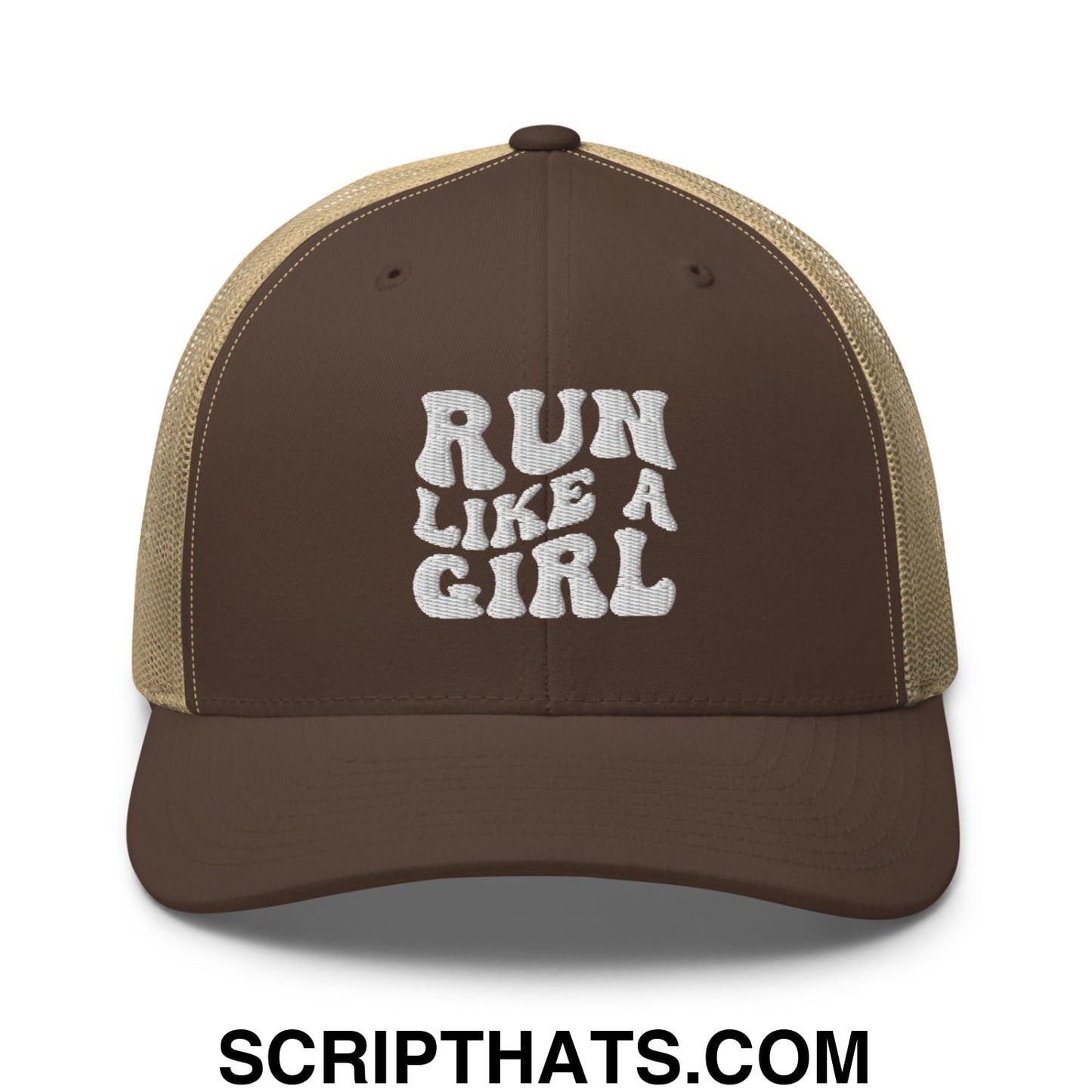Run Like a Girl Embroidered Mesh Trucker Hat Brown Khaki