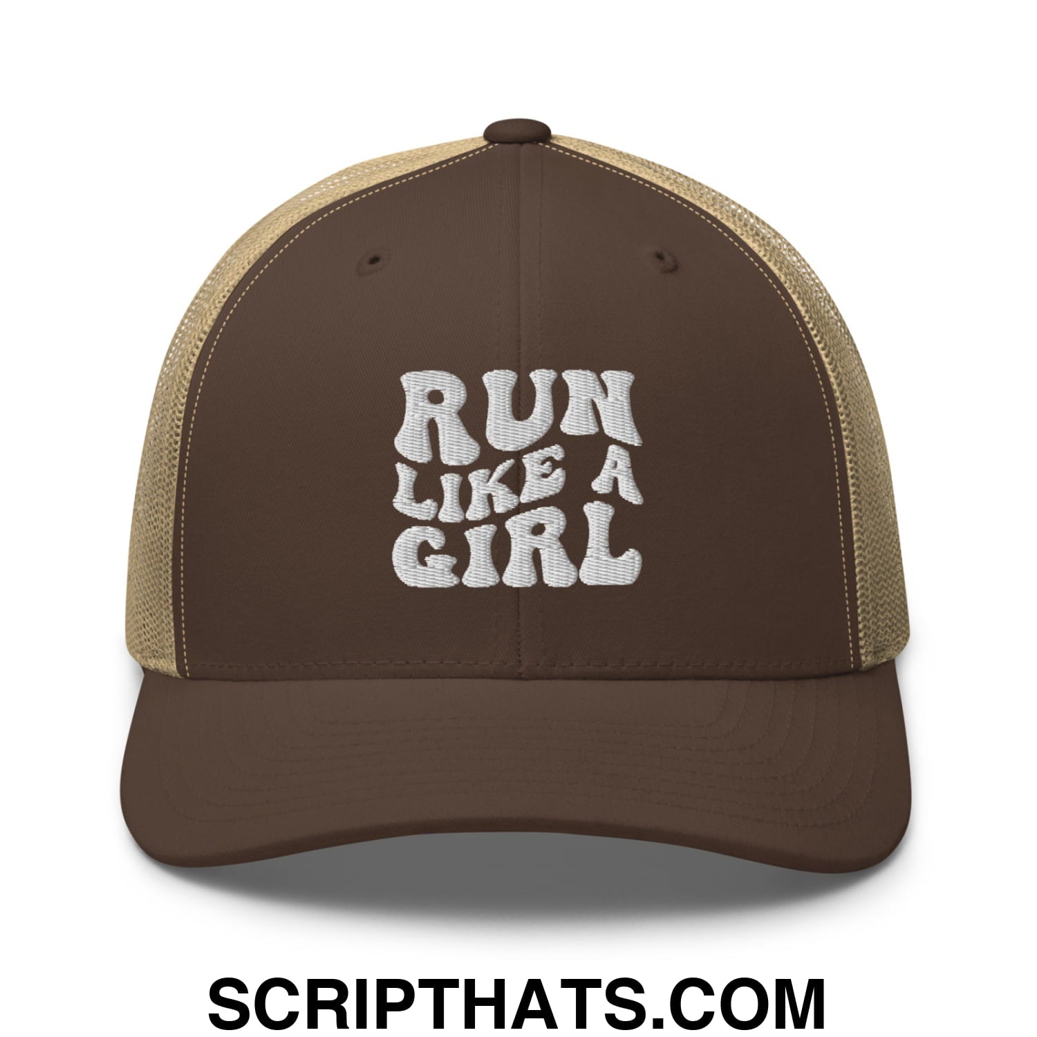Run Like a Girl Embroidered Mesh Trucker Hat Brown Khaki