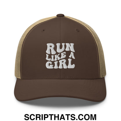 Run Like a Girl Embroidered Mesh Trucker Hat Brown Khaki