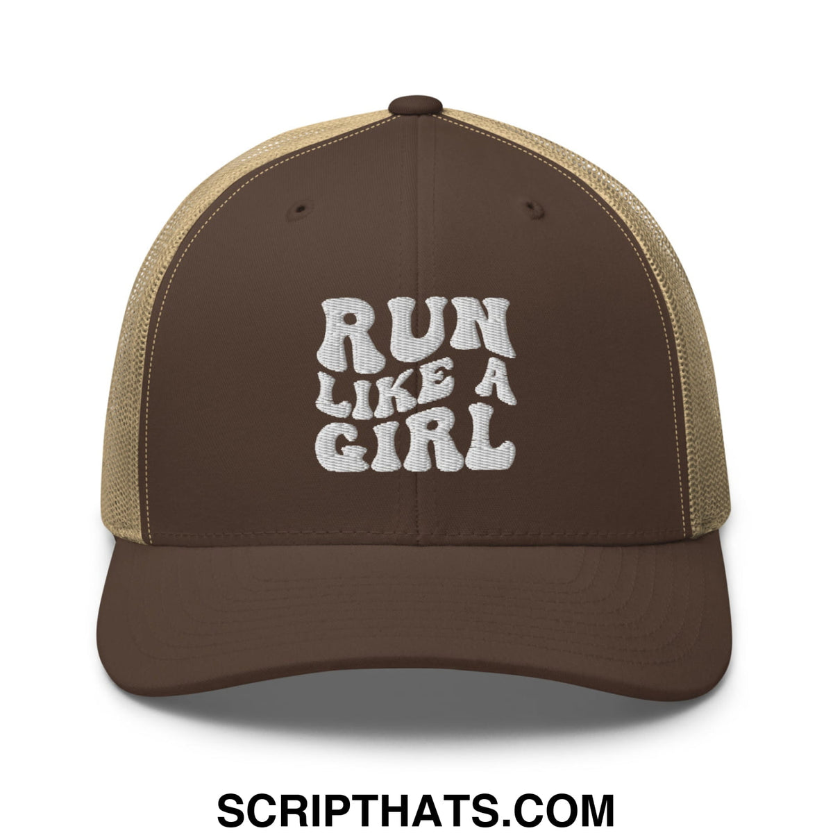 Brown and tan mesh trucker hat with white embroidered run like a girl text designed for casual wear