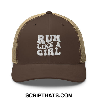 Brown and tan mesh trucker hat with white embroidered run like a girl text designed for casual wear