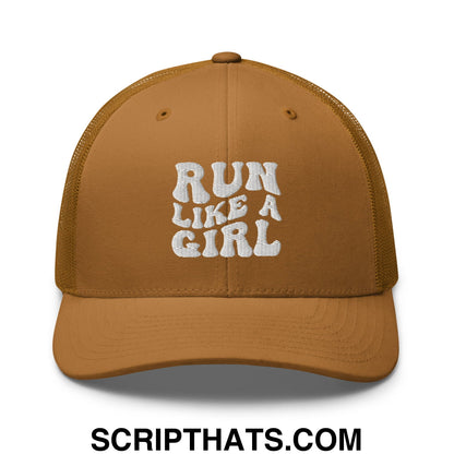 Run Like a Girl Embroidered Mesh Trucker Hat Caramel