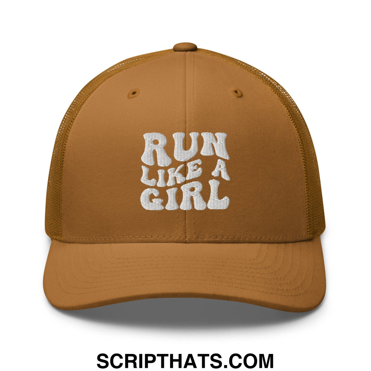 Tan mesh trucker hat with white embroidered run like a girl text on the front panel