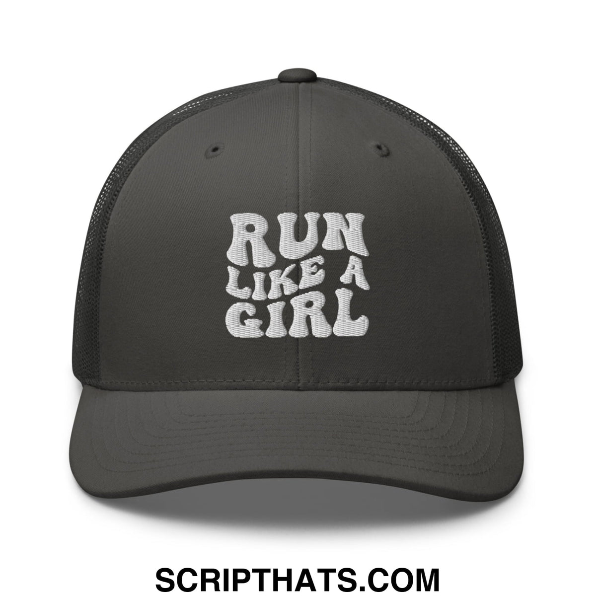 Dark gray mesh trucker hat with white embroidered run like a girl text design for casual wear