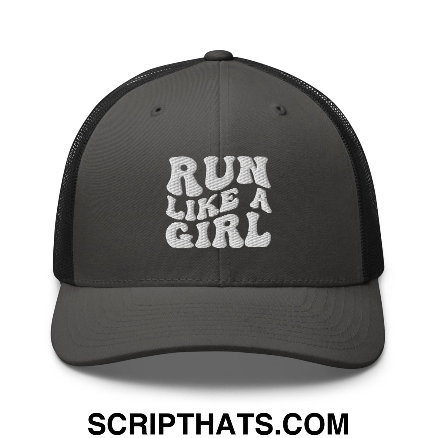 Run Like a Girl Embroidered Mesh Trucker Hat Charcoal Black