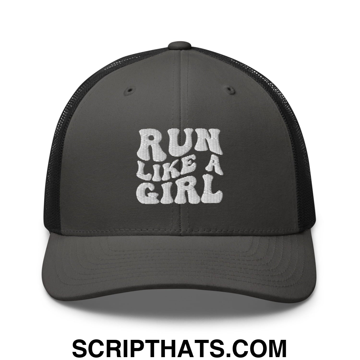 Run Like a Girl Embroidered Mesh Trucker Hat Charcoal Black