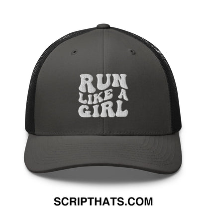 Dark gray mesh trucker hat with white embroidered run like a girl text on the front panel