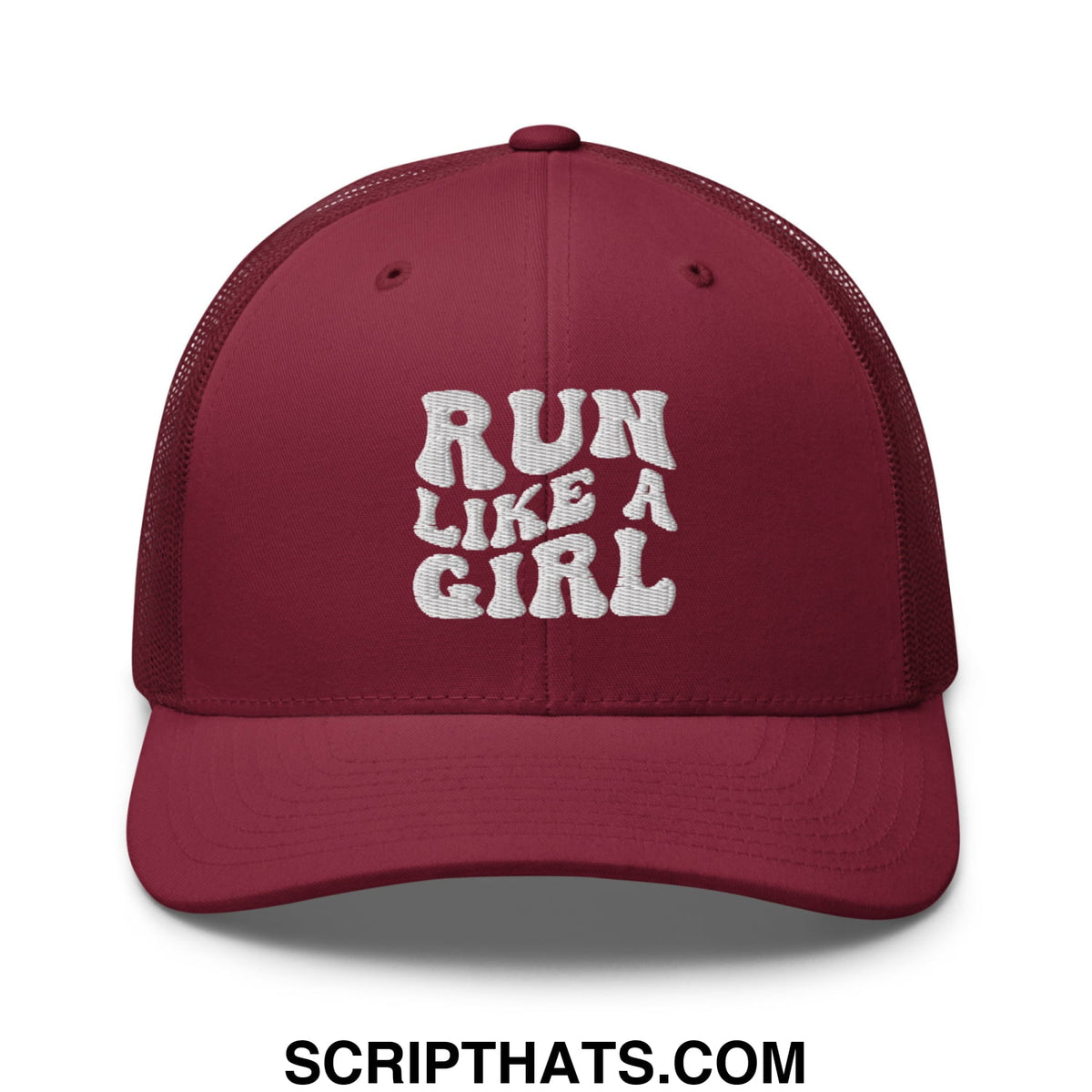 Maroon mesh trucker hat with white embroidered run like a girl text for casual and sporty wear