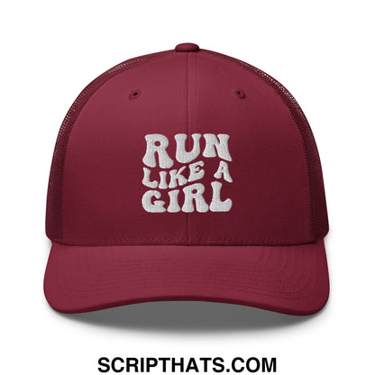 Maroon mesh trucker hat with white embroidered run like a girl text for casual and sporty wear