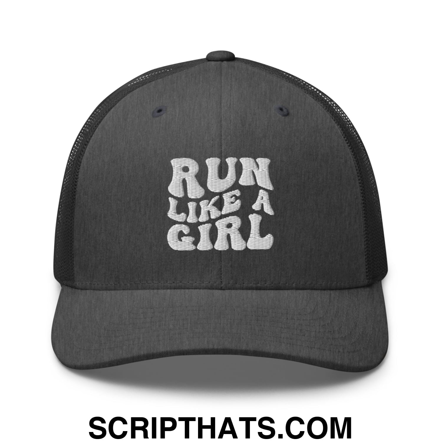 Run Like a Girl Embroidered Mesh Trucker Hat Dark Heather Gray