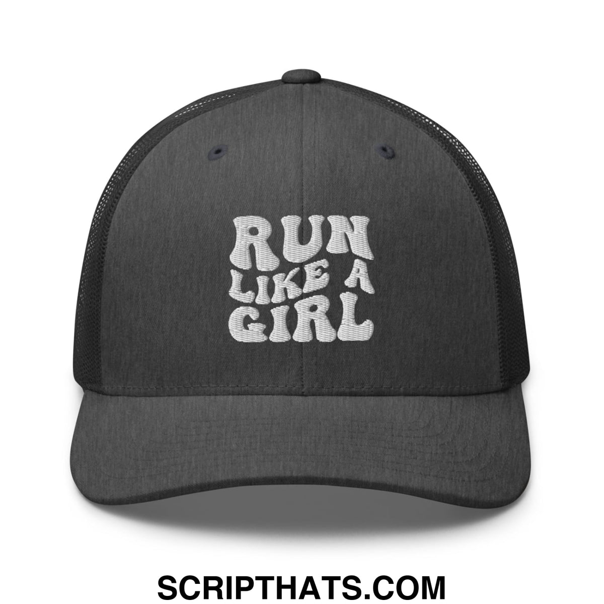 Black mesh trucker hat with white embroidered run like a girl text designed for casual wear