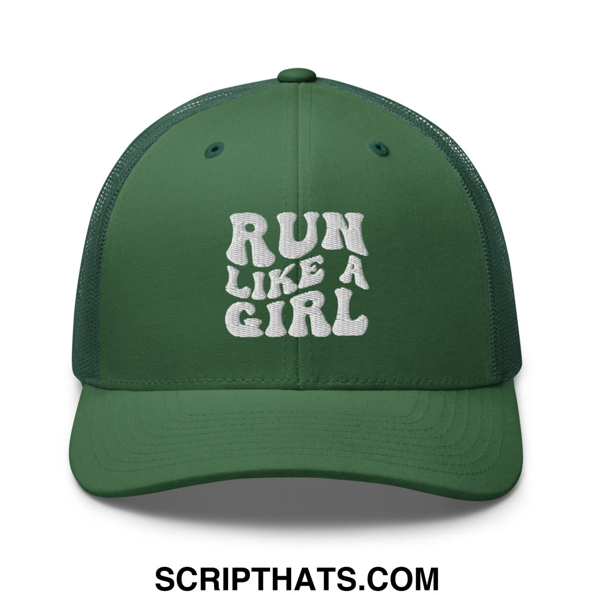 Dark green mesh trucker hat with white embroidered run like a girl text front design