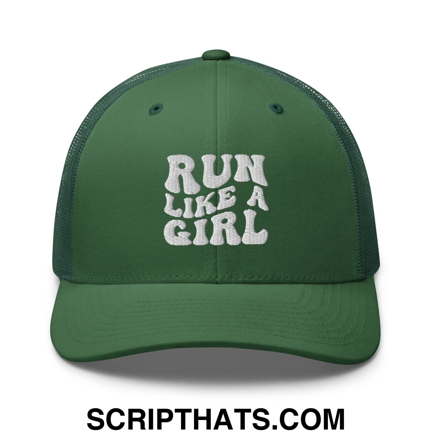 Run Like a Girl Embroidered Mesh Trucker Hat Evergreen