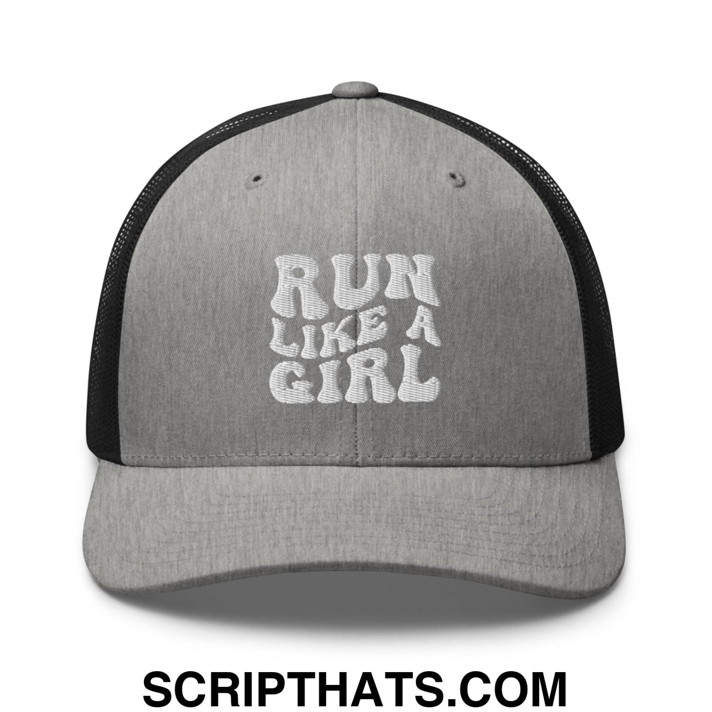 Run Like a Girl Embroidered Mesh Trucker Hat Heather Black