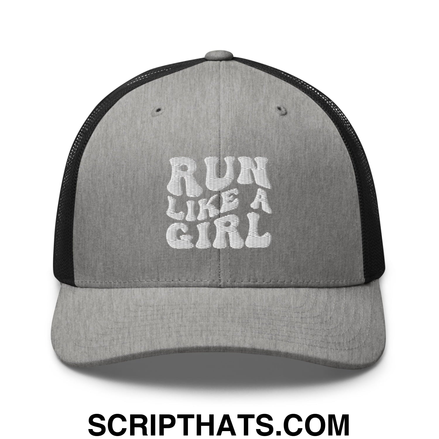 Run Like a Girl Embroidered Mesh Trucker Hat Heather Black